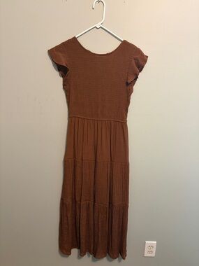 Tiered Midi Dress in Rust Brown with Flutter Sleeves
